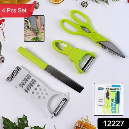 4-Piece Kitchen Cutting Tool Set – Knife, Scissors, Peeler & Grater | Stainless Steel Multi-Purpose Chopper Slicer Set for Cooking & Food Prep