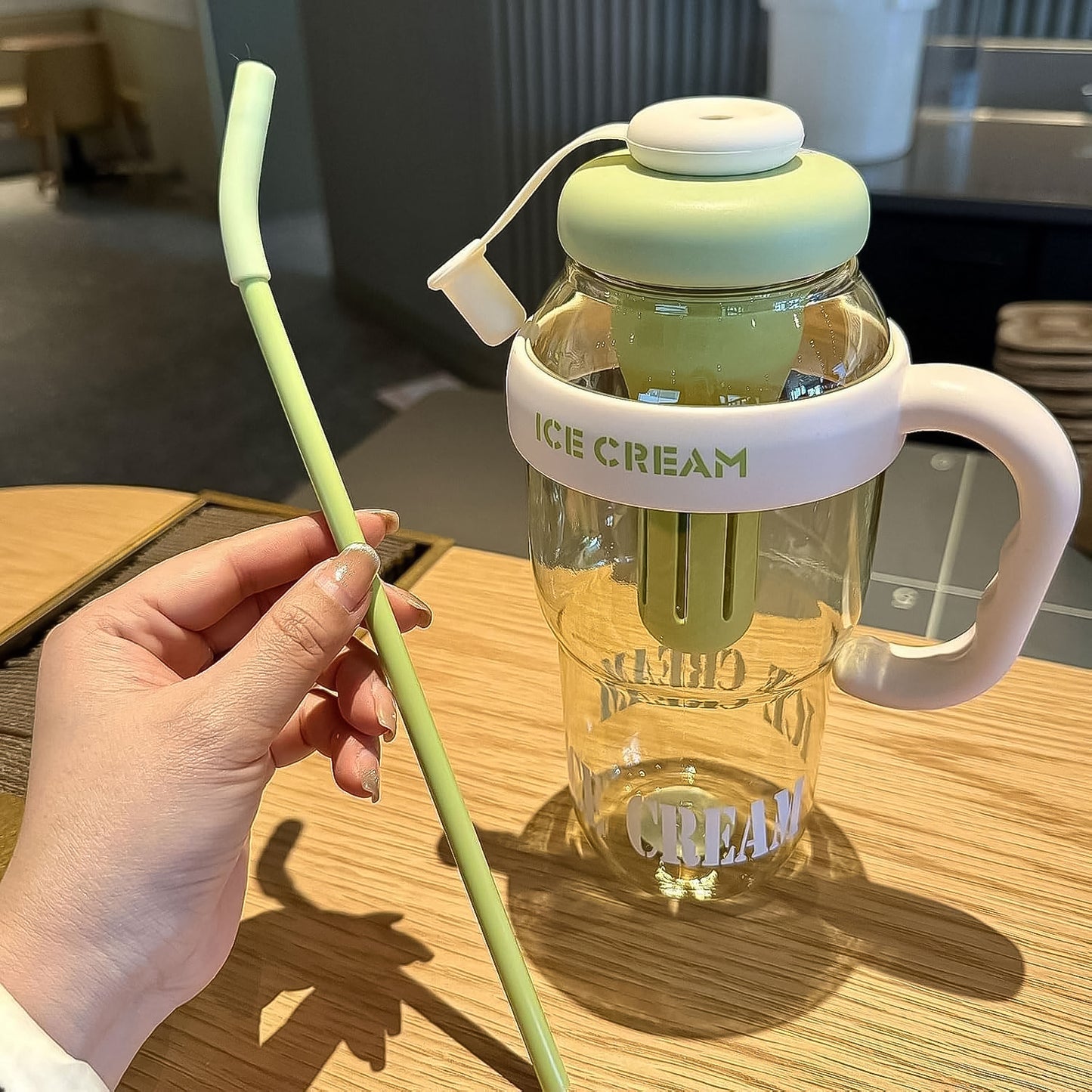 Adorable Ice Cream Style Sipper Bottle – Leakproof 1300ml with Handle, Straw & Fruit Infuser