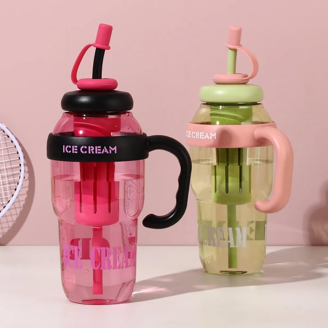 Adorable Ice Cream Style Sipper Bottle – Leakproof 1300ml with Handle, Straw & Fruit Infuser