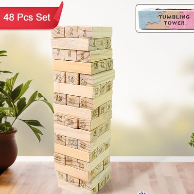 Wooden Tumbling Stacking Tower Game (48 Pcs Blocks 2 Dices)