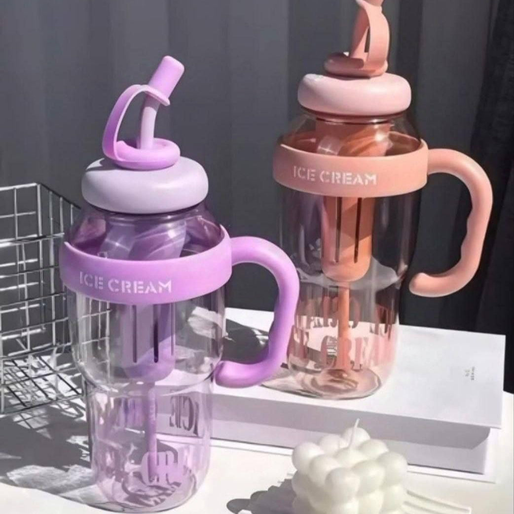 Adorable Ice Cream Style Sipper Bottle – Leakproof 1300ml with Handle, Straw & Fruit Infuser