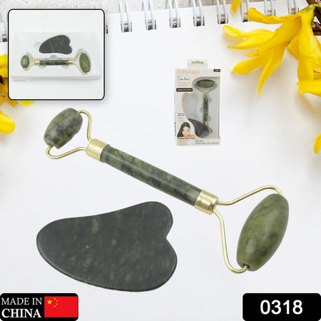 0318 Gua Sha Stone And Anti Aging Jade Roller Massager Gua Sha for Face - Jade Roller Guasha Stone Set, Relieves Facial/Jaw Tension, Gives Skin Natural Glow, Firms & Lifts Skin Over Time, Reduces Puffiness (PACK OF 1)