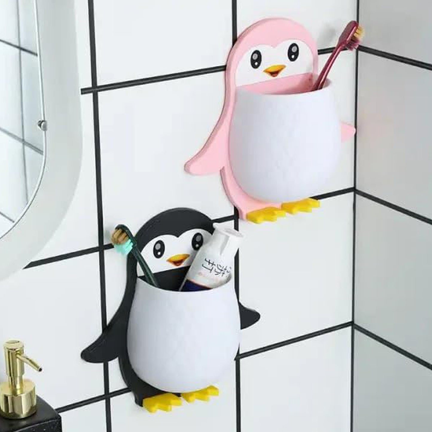 Penguin Adhesive Wall Organizer – Remote Control & Toothbrush Holder for Bathroom, Bedroom, Office