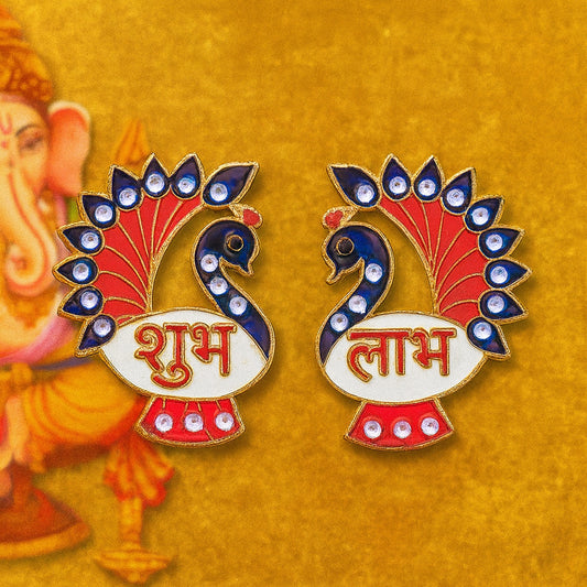 Decorative Peacock Design Shubh Labh Wall Hanging (2 Pc)