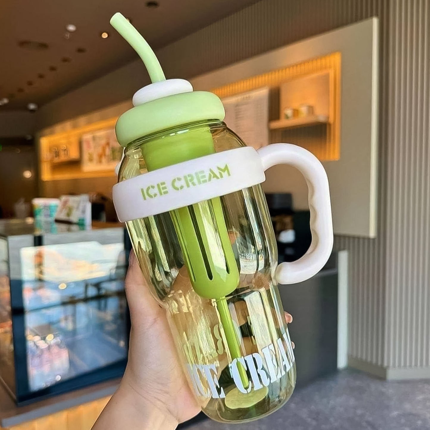 Adorable Ice Cream Style Sipper Bottle – Leakproof 1300ml with Handle, Straw & Fruit Infuser