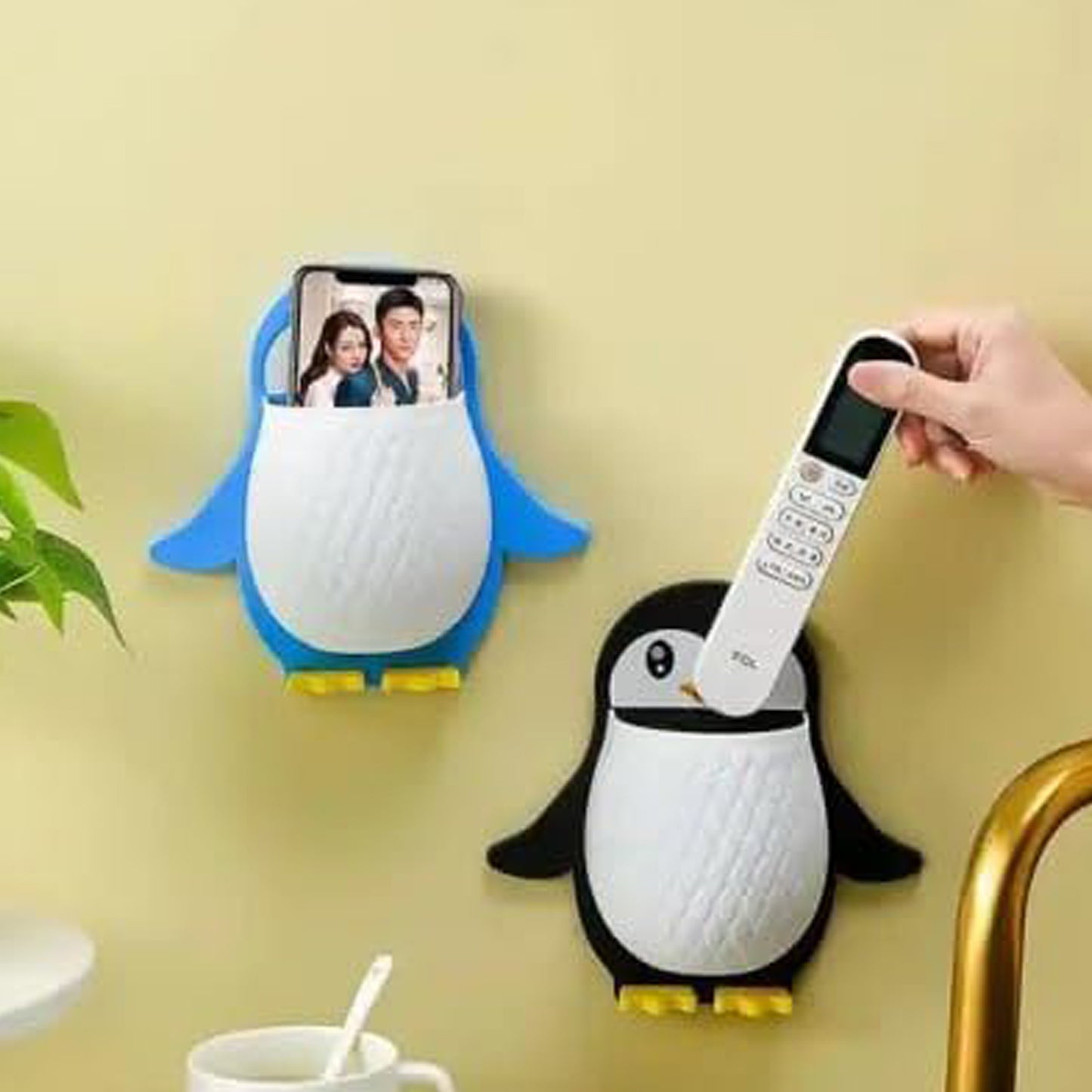 Penguin Adhesive Wall Organizer – Remote Control & Toothbrush Holder for Bathroom, Bedroom, Office